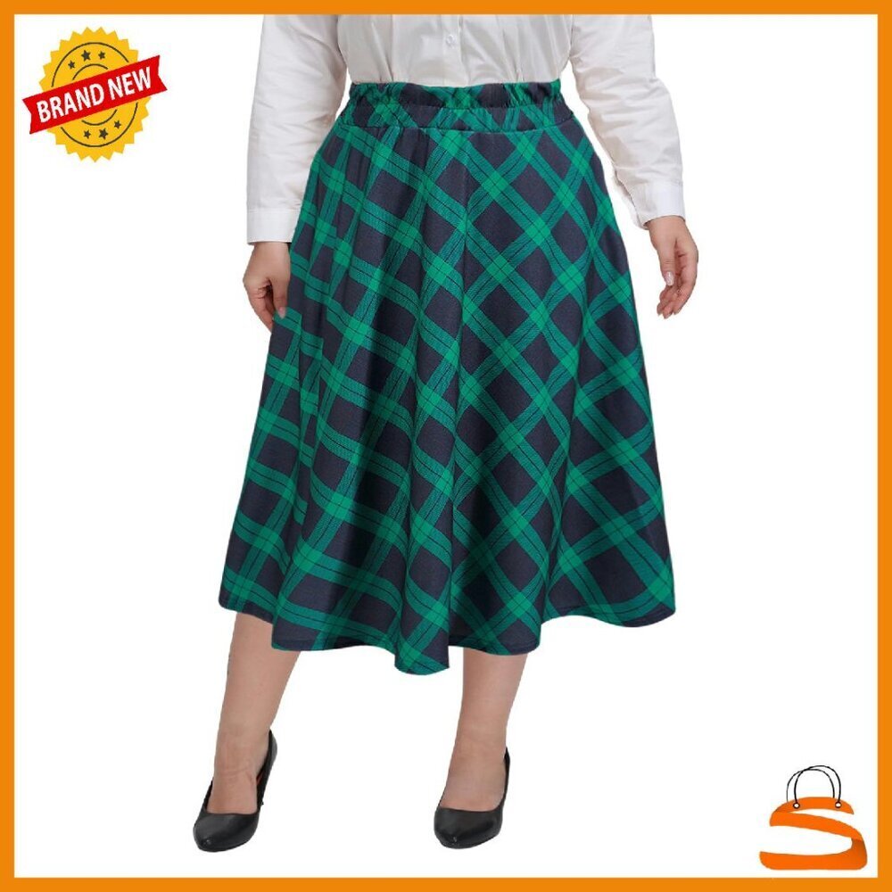 Plus Size Midi Skirt High Elastic Waist A-Line Flared with Pockets